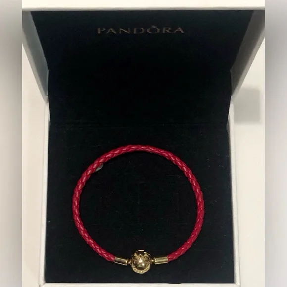 🌹🍃New Authentic Pandora Red Woven Leather 18k Gold Shine Round Clasp Bracelet🍃🌹 - Picture 7 of 9